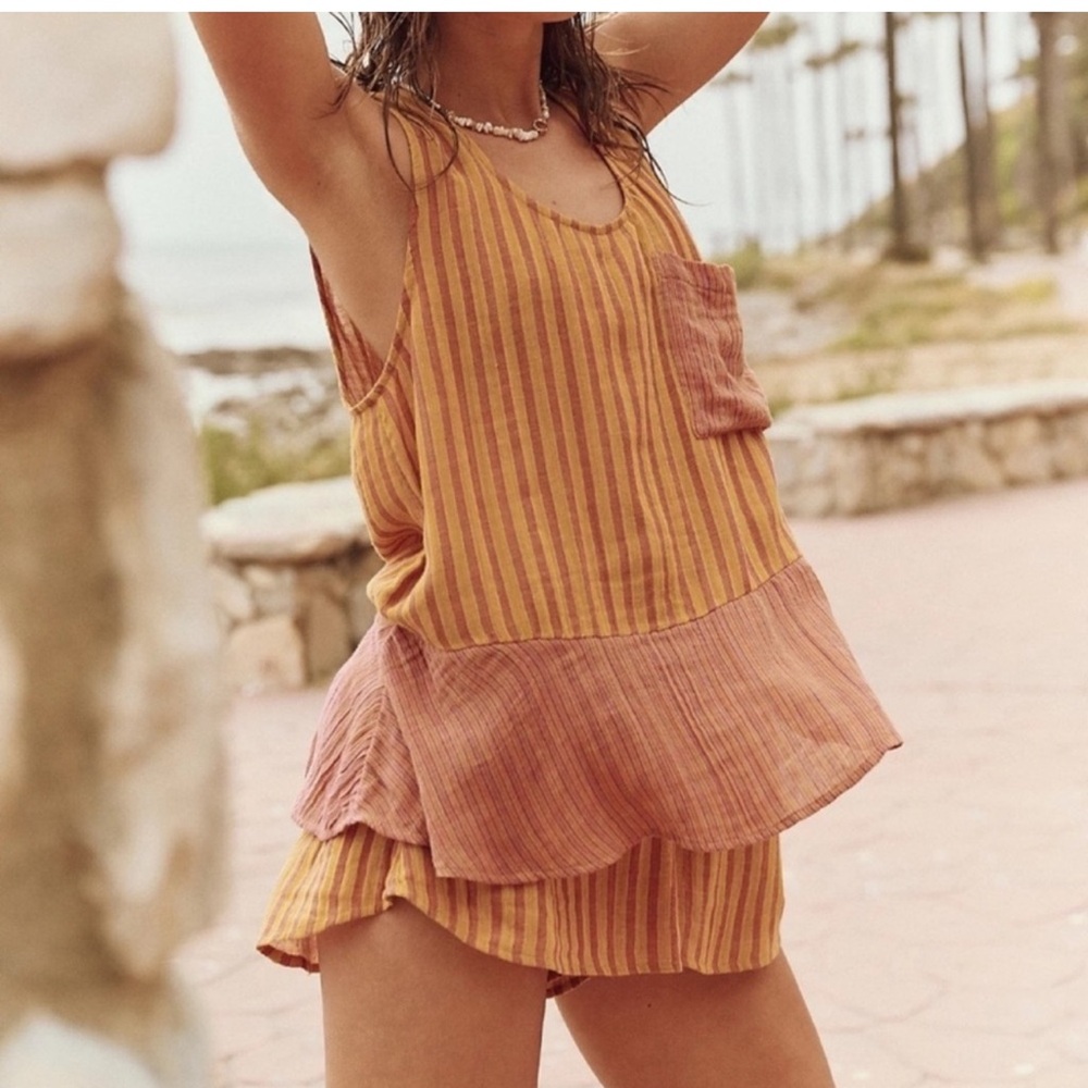 Free People Annabelle Striped Shorts Set Ruffle Hem Boho Casual Size XS